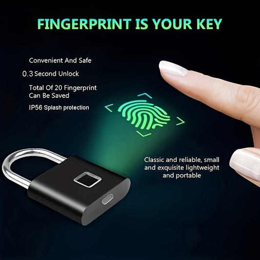 Mini Smart Fingerprint Padlock IP56 Splash Protection Security Antitheft Keyless Battery Powered USB Rechargeable Suitcase Luggage Backbag Door Lock