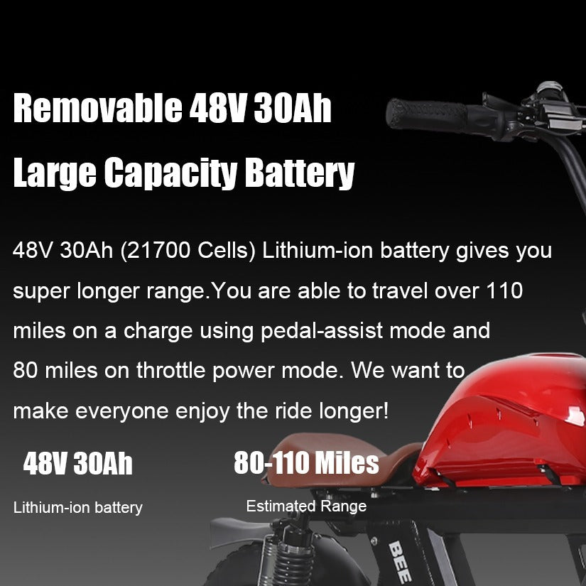 BeeCool Full Black Bee Challenger Long Range Full Suspension Electric Bike, 750W Motorcycle eBike, 100MI Range, 48V 30Ah Battery 24"x4" Fat Tire, 400LBS Payload, 20MPH, 7 Speed, Hydraulic Brakes