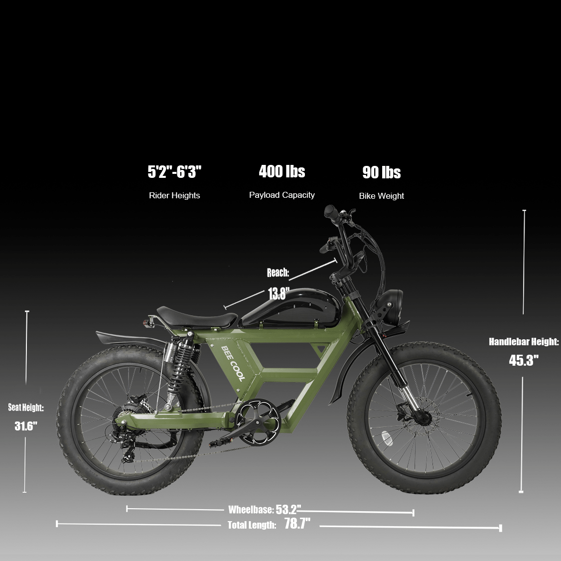 BeeCool Full Black Bee Challenger Long Range Full Suspension Electric Bike, 750W Motorcycle eBike, 100MI Range, 48V 30Ah Battery 24"x4" Fat Tire, 400LBS Payload, 20MPH, 7 Speed, Hydraulic Brakes