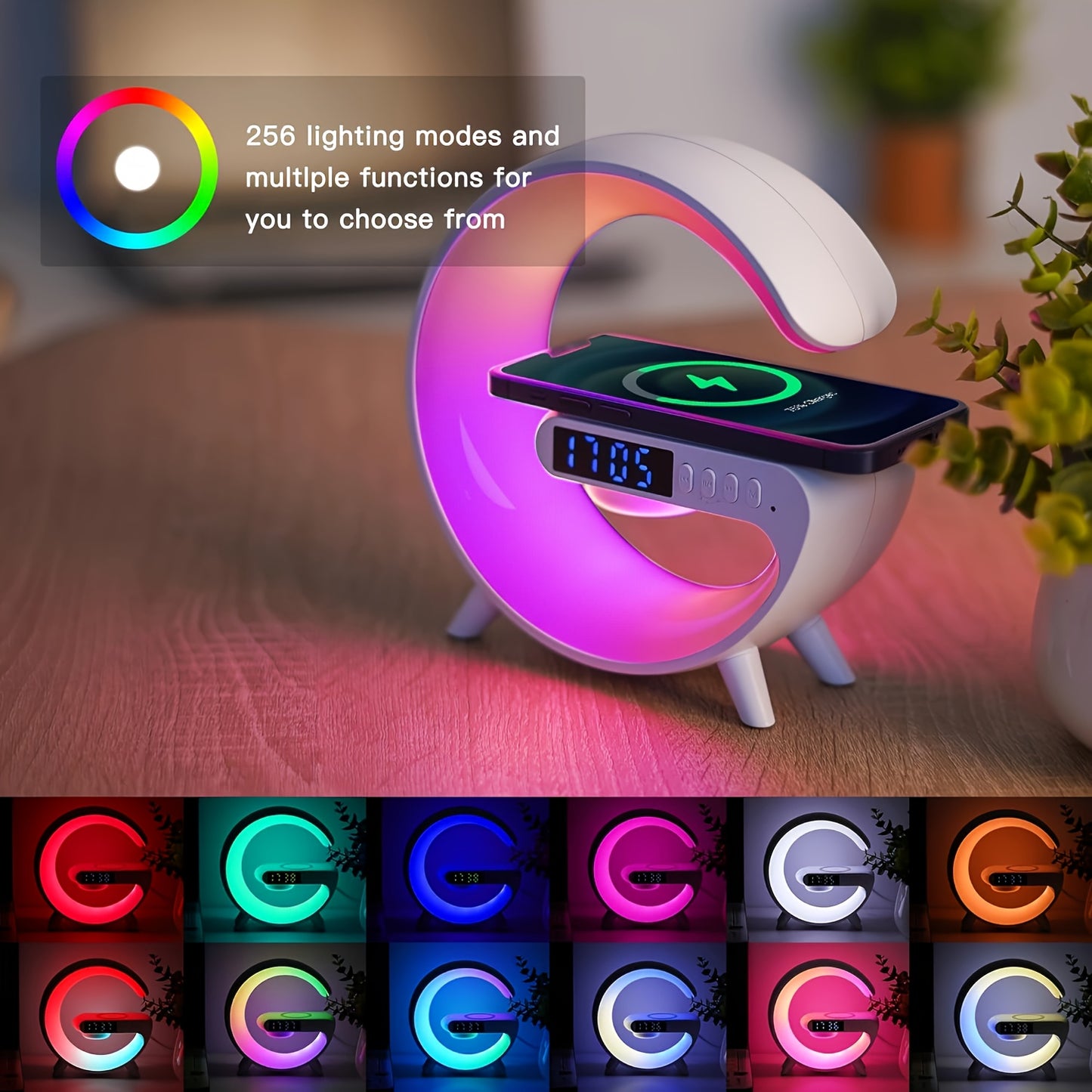 Smart USB Charging Living Room Bedroom Bedside Desktop Colorful RGB Atmosphere Light, Mobile Phone Wireless Charger, Desktop Alarm Clock, Study Desk Lamp, Wireless Link Music Audio Speaker Multifunctional Four-in-one Atmosphe