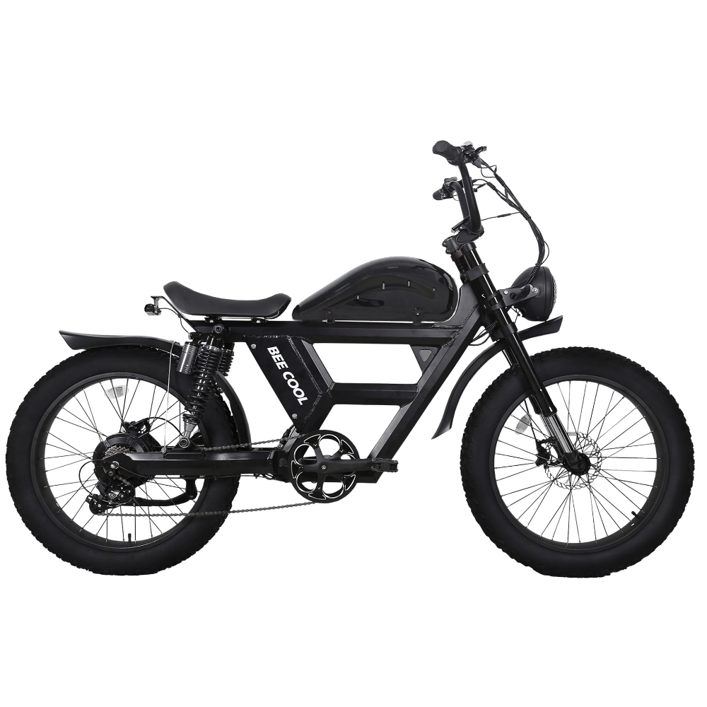 BeeCool Full Black Bee Challenger Long Range Full Suspension Electric Bike, 750W Motorcycle eBike, 100MI Range, 48V 30Ah Battery 24"x4" Fat Tire, 400LBS Payload, 20MPH, 7 Speed, Hydraulic Brakes