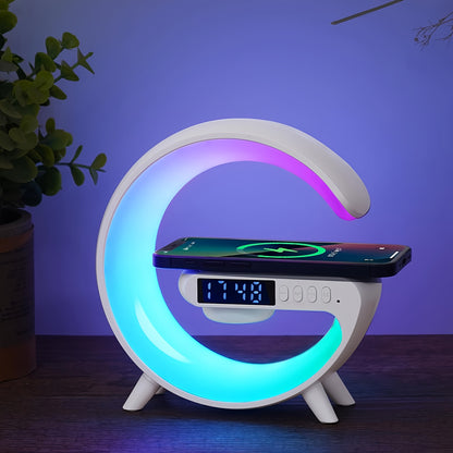 Smart USB Charging Living Room Bedroom Bedside Desktop Colorful RGB Atmosphere Light, Mobile Phone Wireless Charger, Desktop Alarm Clock, Study Desk Lamp, Wireless Link Music Audio Speaker Multifunctional Four-in-one Atmosphe