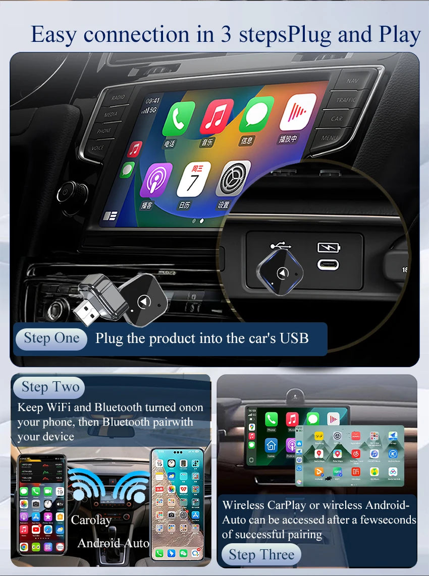 2in1 Wireless CarPlay Adapter Android Auto Wired to Wireless Automatic Connection AI Smart Box for All Cars With Wired CarPlay