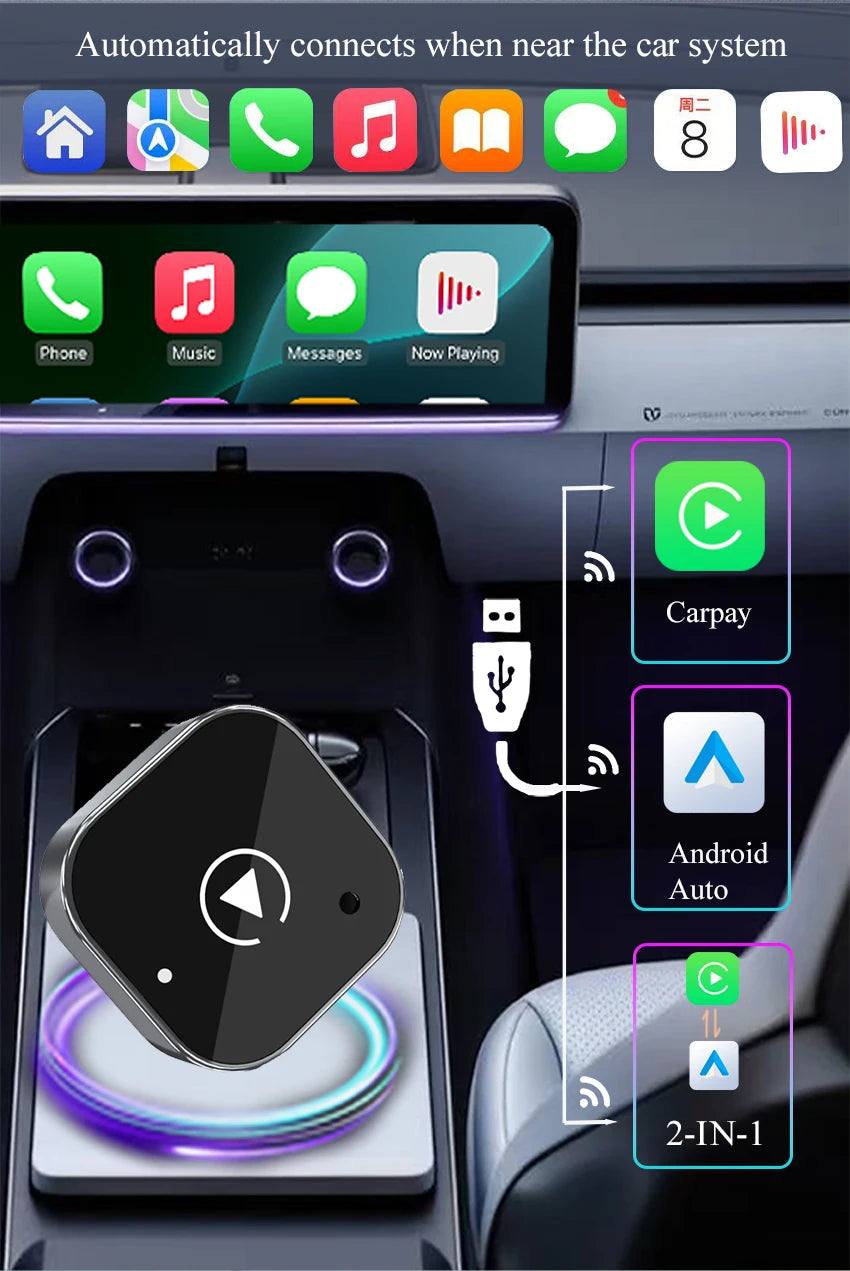 2in1 Wireless CarPlay Adapter Android Auto Wired to Wireless Automatic Connection AI Smart Box for All Cars With Wired CarPlay