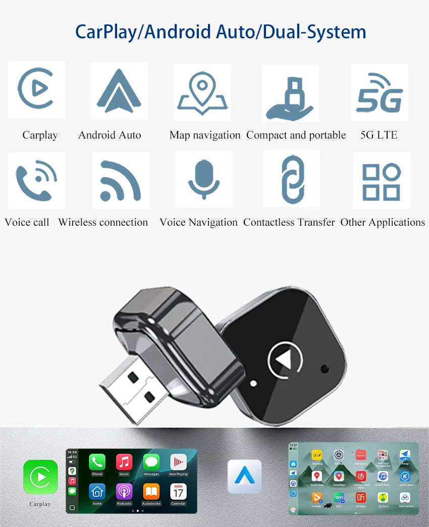 2in1 Wireless CarPlay Adapter Android Auto Wired to Wireless Automatic Connection AI Smart Box for All Cars With Wired CarPlay