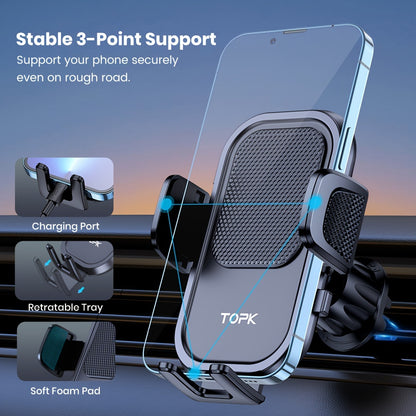 TOPK Car Phone Holder Mount, Car Mount with Hook Clip for Car Air Vent 360° Rotation Phone Mount Compatible with Iphone Android Cell Phone