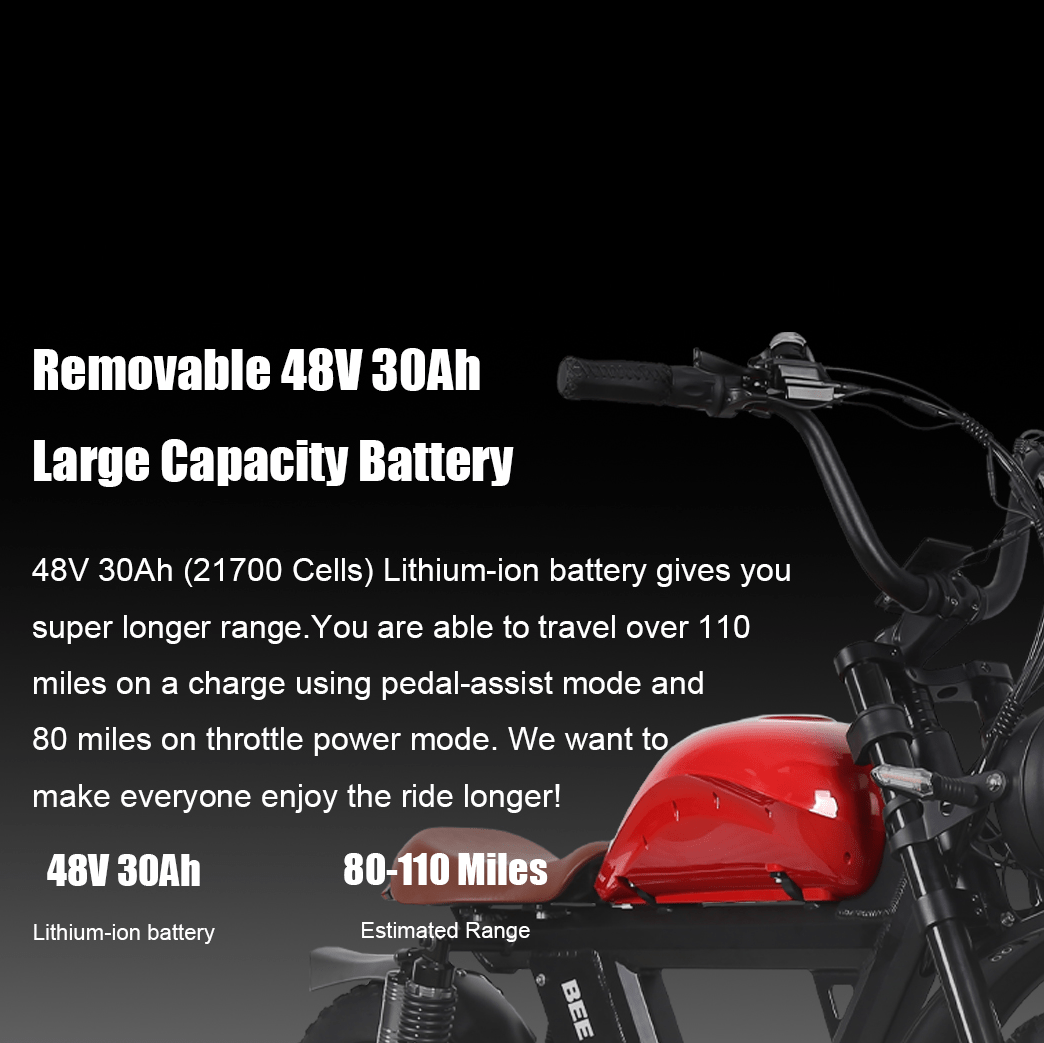 BeeCool Full Black Bee Challenger Long Range Full Suspension Electric Bike, 750W Motorcycle eBike, 100MI Range, 48V 30Ah Battery 24"x4" Fat Tire, 400LBS Payload, 20MPH, 7 Speed, Hydraulic Brakes