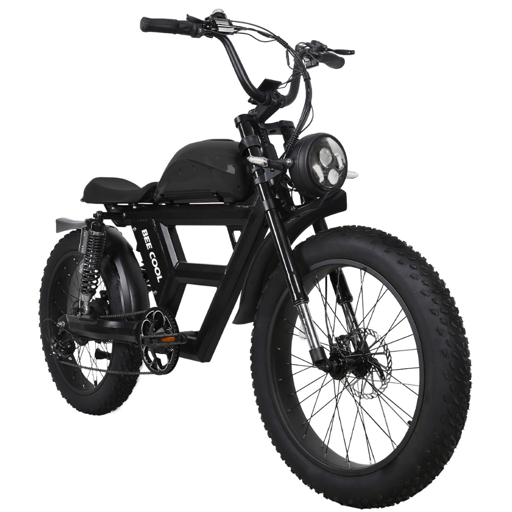 BeeCool Full Black Bee Challenger Long Range Full Suspension Electric Bike, 750W Motorcycle eBike, 100MI Range, 48V 30Ah Battery 24"x4" Fat Tire, 400LBS Payload, 20MPH, 7 Speed, Hydraulic Brakes